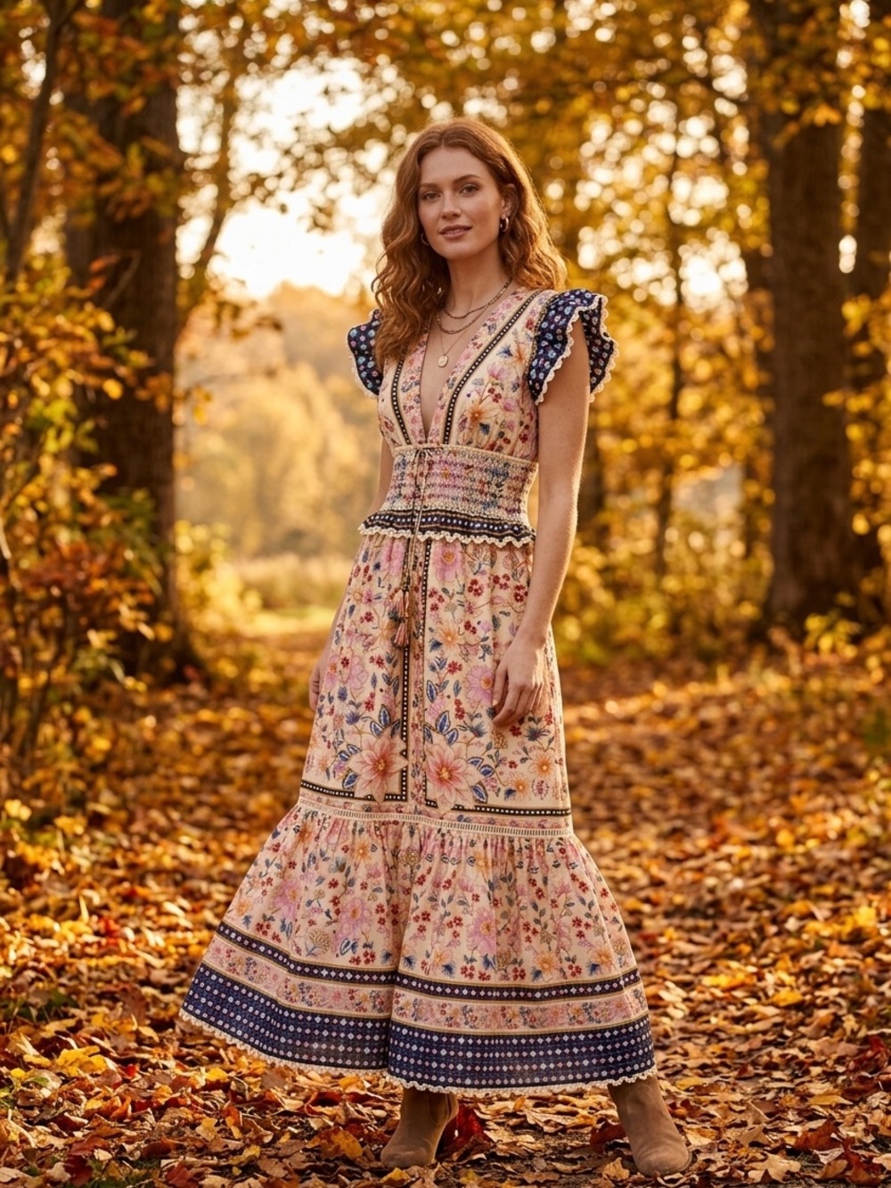 FARM Rio Peach Floral V-Neck Tiered Maxi Dress